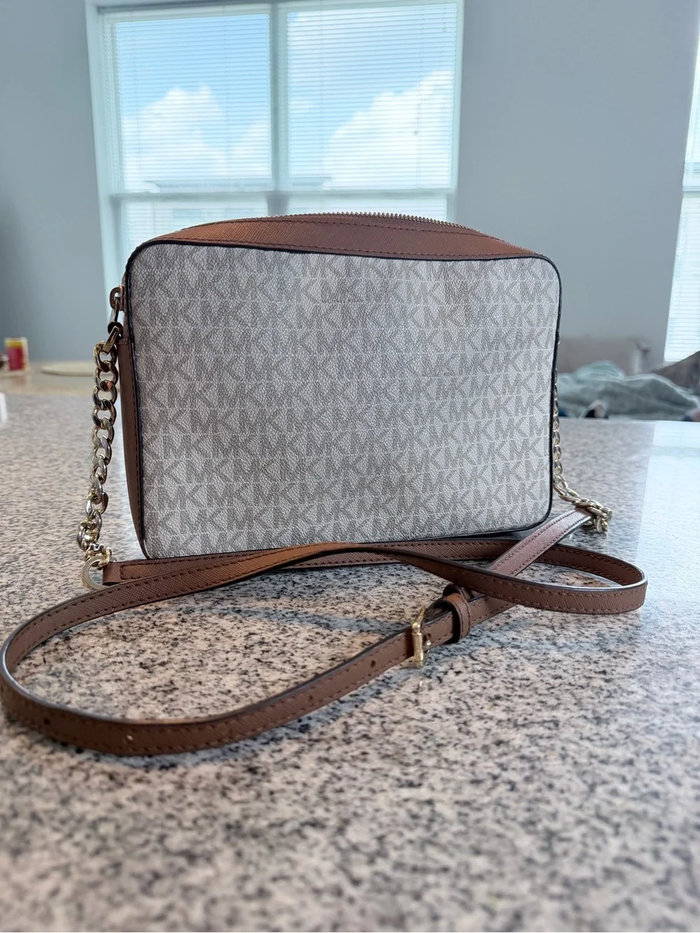 Michael Kors Beige Signature Belt Bag with Brown Trim